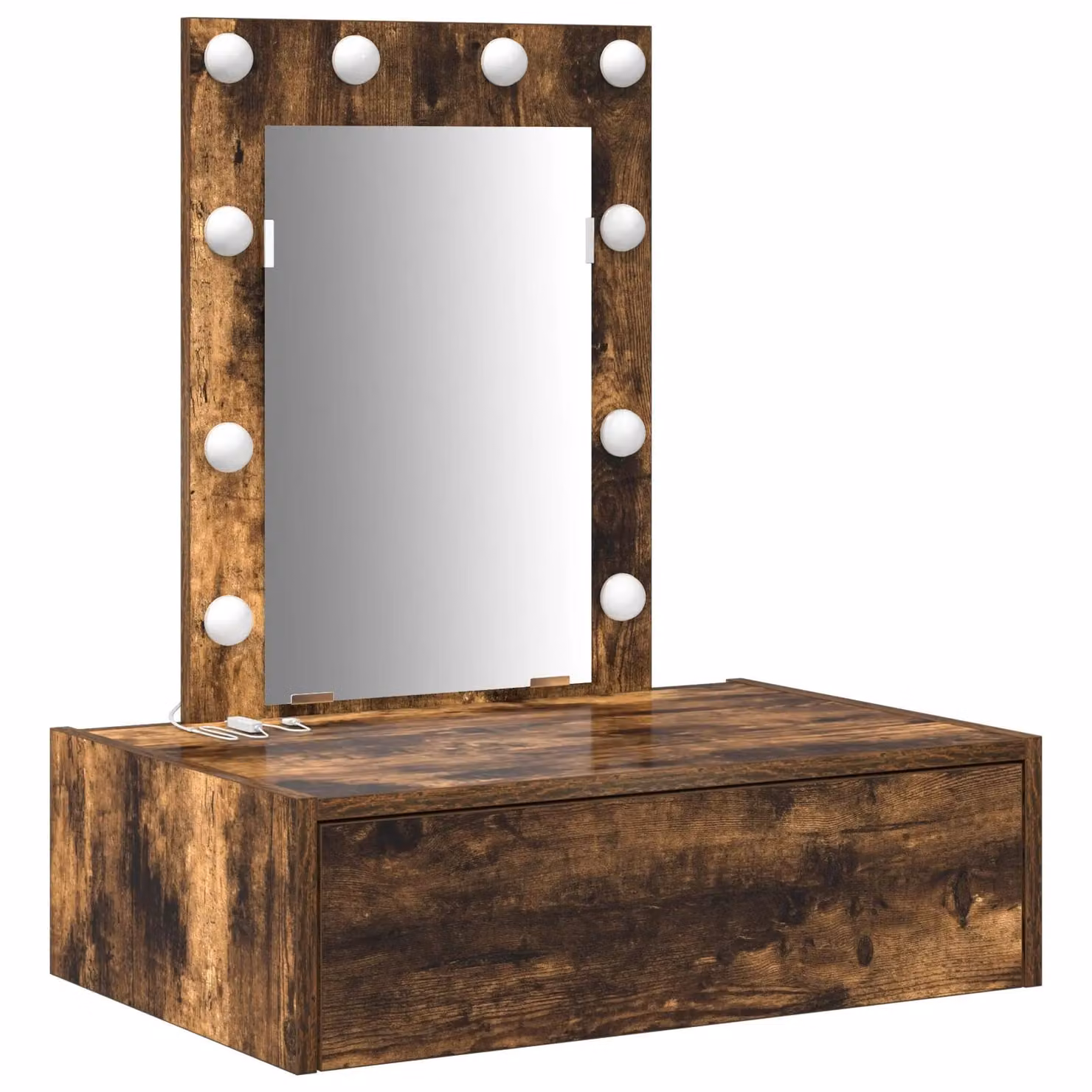 Berkfield Home Wall Hanging Dressing Table with Hollywood LED Lights in Smoked Oak Brown, W/D/H: 70 x 40 x 60 cm – 2