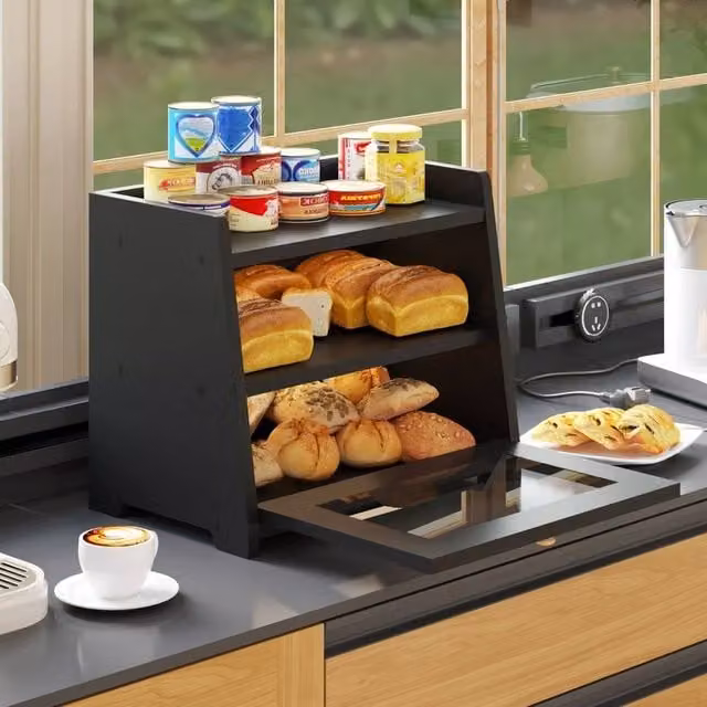 VOGREX Black Large Ventilated Kitchen Countertop Bread Storage Box