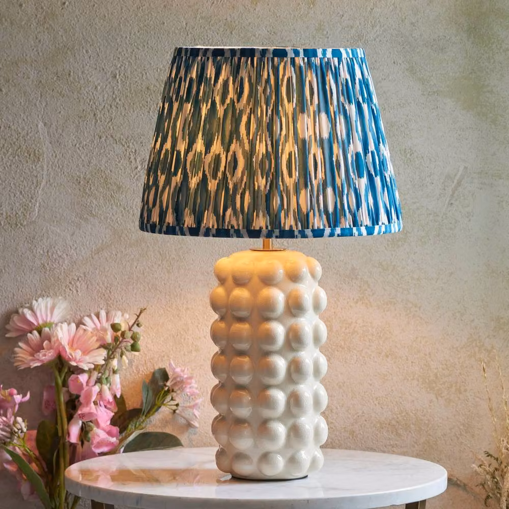 Netlighting Bobble White Table Lamp with Blue Fabric Ikat Shade, Diameter: 35 cm, B22 – 2