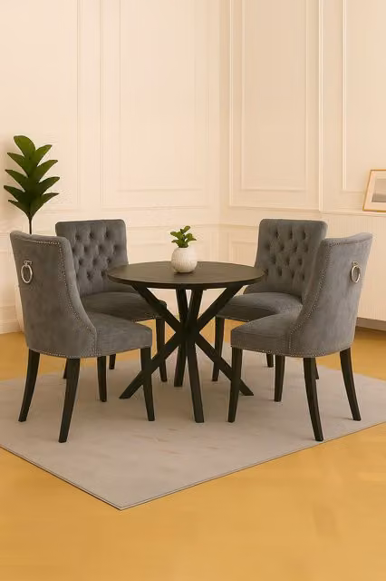 Neo Set of Four Studded Velvet Dining Chairs with Ring Knocker Detail in Dark Grey – 1