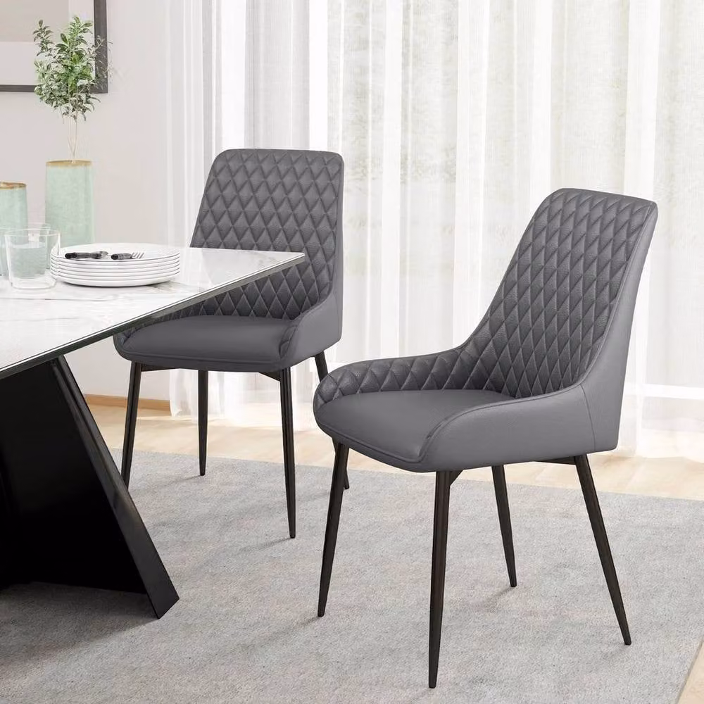 NESTLUNE Set of 2 Grey Quilted PU Leather Dining Chairs with Metal Frame – 5