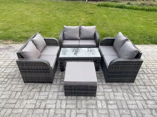 Fimous 6 Seater Rattan Garden Furniture Set in Dark Grey with Coffee Table, Love Seat and 2 Side Tables