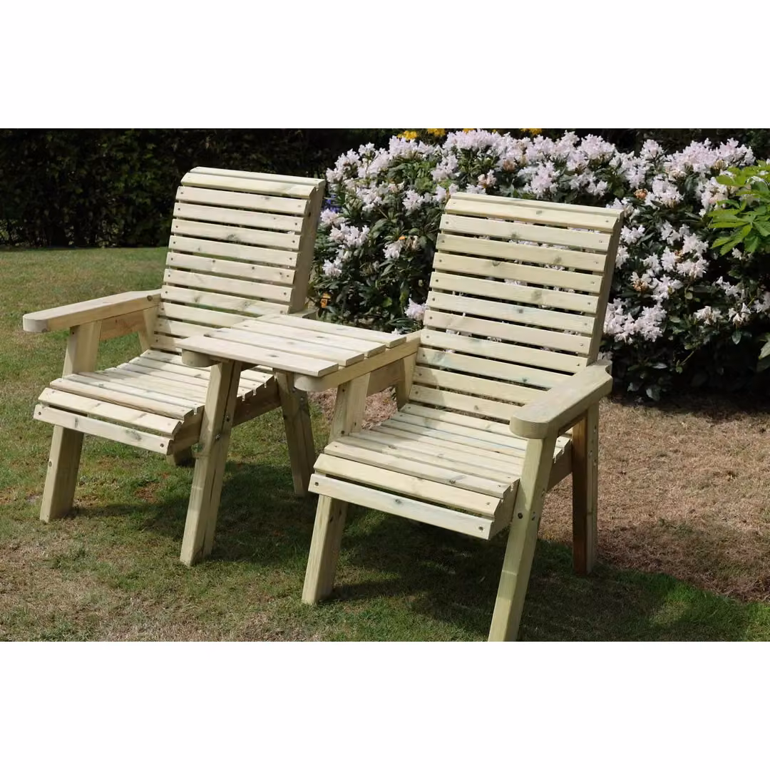 Churnet Valley Garden Furniture Ltd Ergonomical Love Seat and 2 Chairs Set with Straight Tray in Brown Redwood – 2