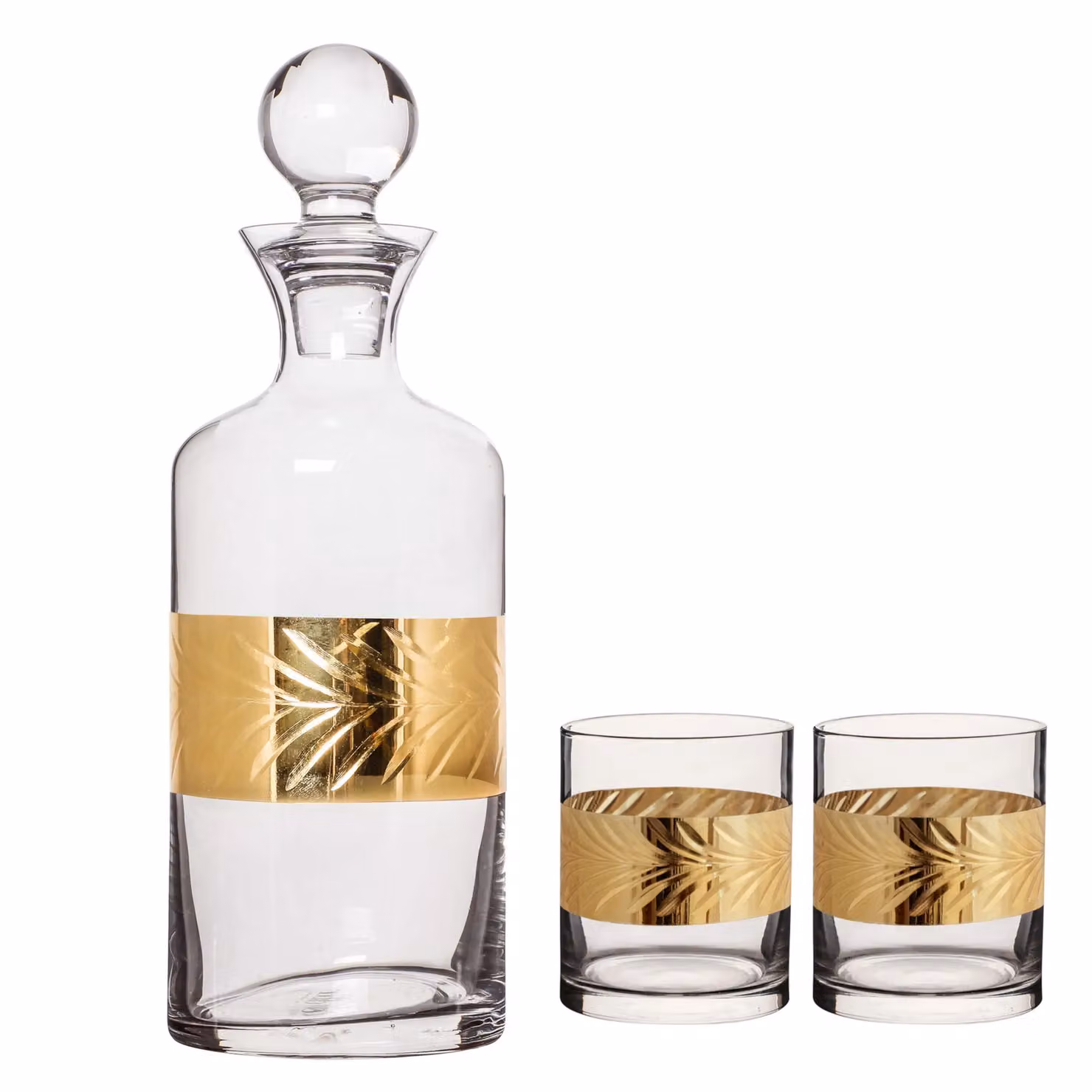 Dibor Art Deco Gold Embossed Whisky Decanter 1.5 l and 2 Tumblers 400 ml Set in Clear Glass – 2