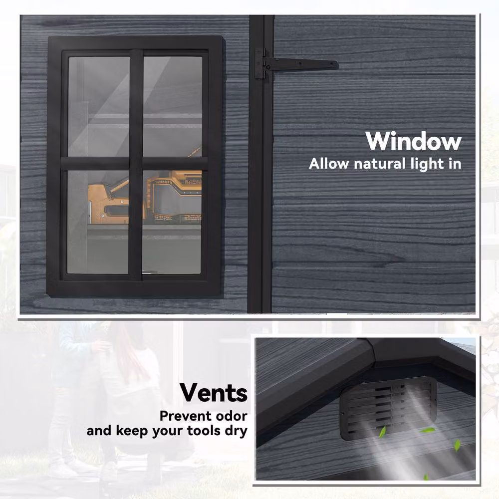 Outsunny Resin Garden Shed with Floor and Lockable Doors, Dark Grey – 5