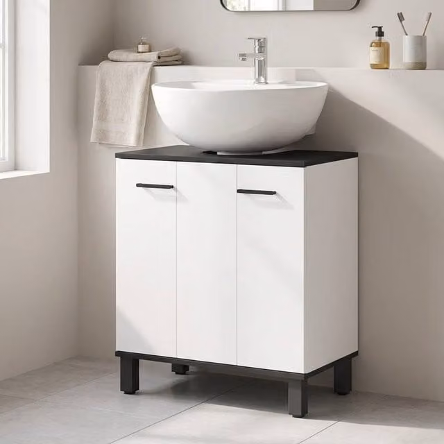 STILVORA Modern Glossy White Freestanding Under Sink Bathroom Cabinet with Internal Shelves and Hinged Doors – 1