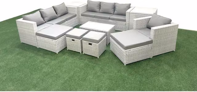 Fimous 10-Piece Rattan Garden Furniture Set with Tempered Glass Table in Light Grey and Dark Grey Mix