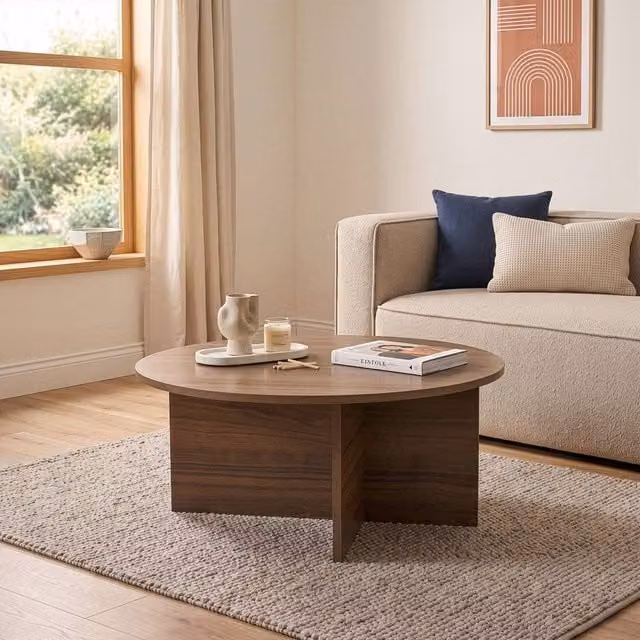 CALICOSY Soleil Coffee Table with Rounded Top in Walnut Brown, W: 90 cm, D: 40 cm