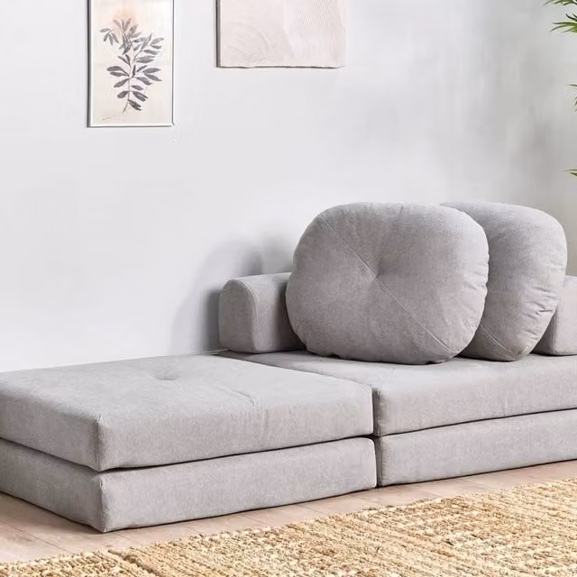 Wyld and Coco Fold-Out Single Sleeper Sofa Pouffe Bed in Grey Fabric – 1