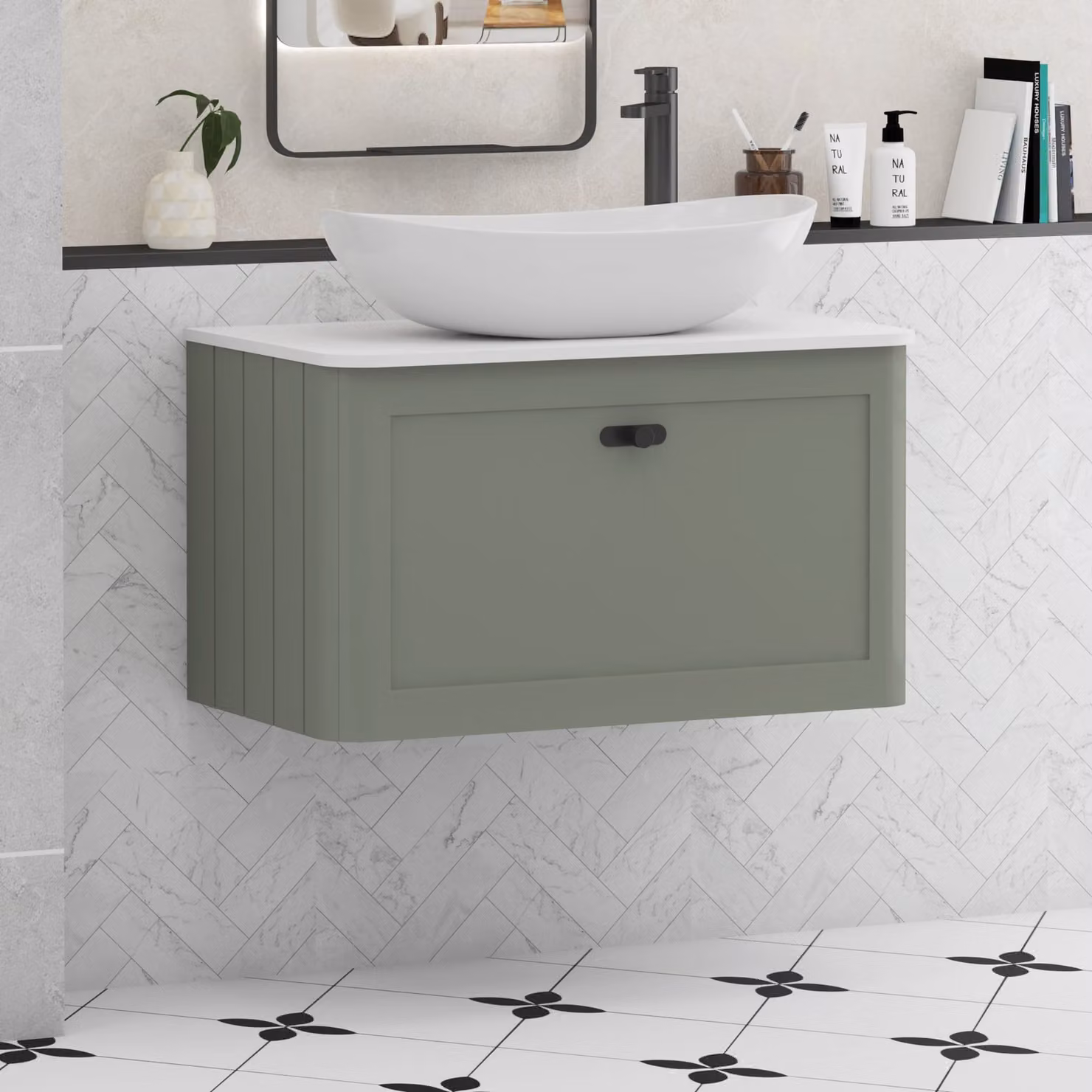 Royal Bathrooms Henley 800mm Wall Hung Vanity Unit in Sage Green with Plain White Worktop, Cesar Basin and Matt Black Knob