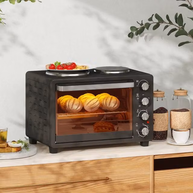 HOMCOM 28L Toaster Oven with 2 Hot Plates for Grilling, Roasting, Baking and Boiling, Black