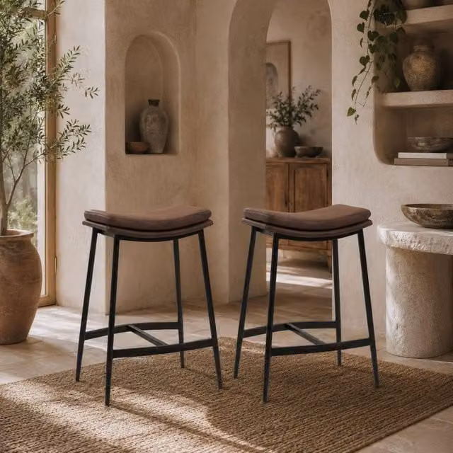Wyld Haus Noveha Set of 2 Industrial Bar Stools in Brown Microfiber and Black Metal, H 68.5 x W 38.5 x D 48.5 cm