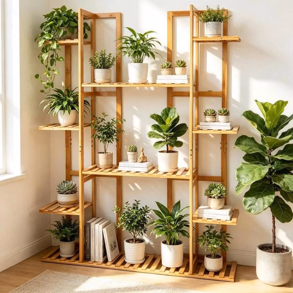 EONLION 17-Tier Brown Bamboo Potted Plant Stand Rack for Indoor and Outdoor Use, W/D/H: 123 x 89 x 20 cm – 3