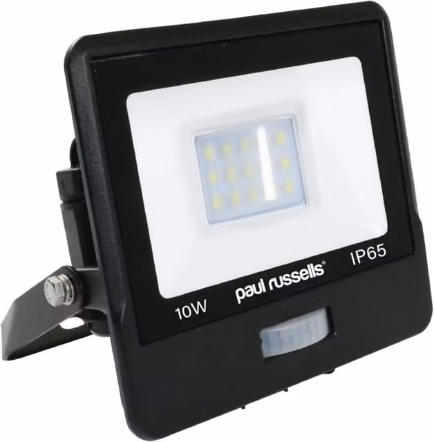 Paul Russells 10W LED Floodlight with PIR Motion Sensor, 1000lm, 6500K Cool White, IP65 Weatherproof, Black or White