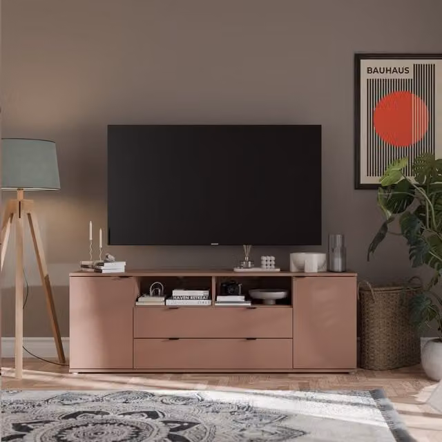 Furniture To Go Ganymede Wide TV Unit with Open Shelving, 2 Drawers and 2 Doors in Orange