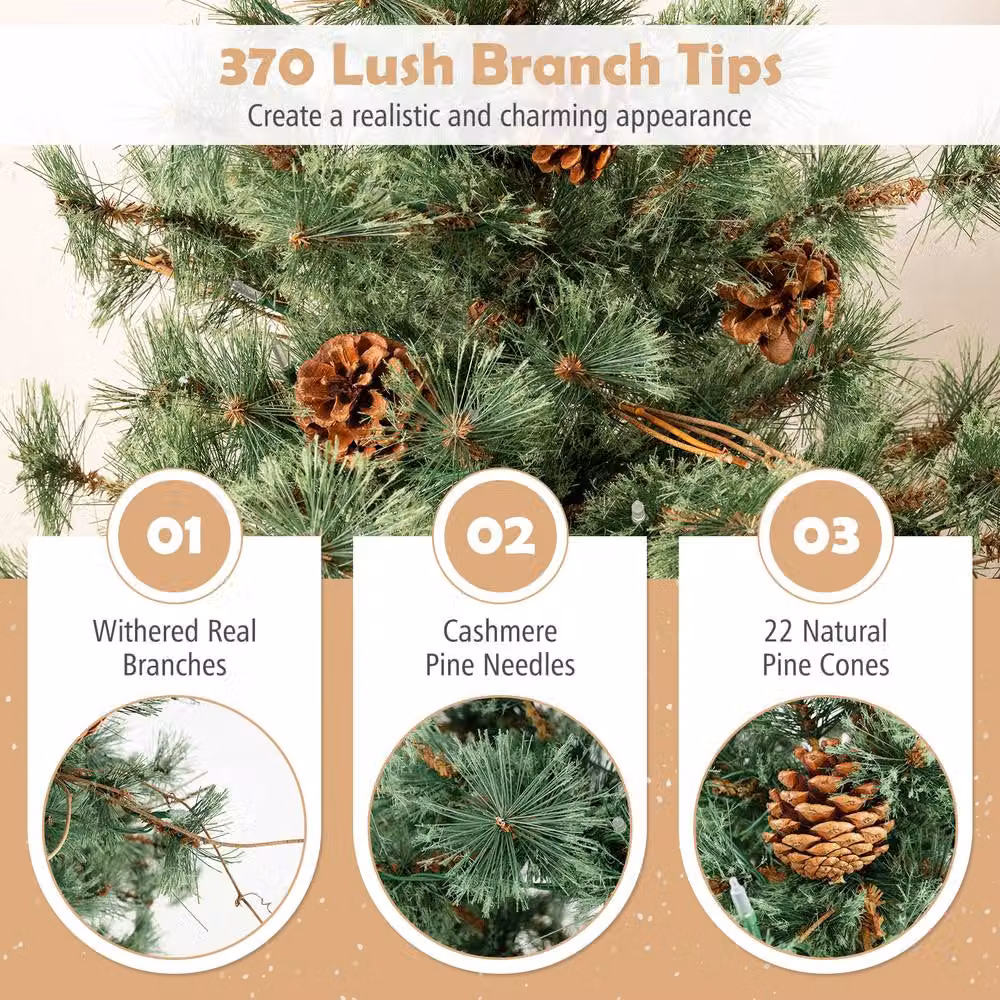 Gymax Pre-Lit Artificial Christmas Tree with 370 Branch Tips, Green, Height: 180 cm – 6