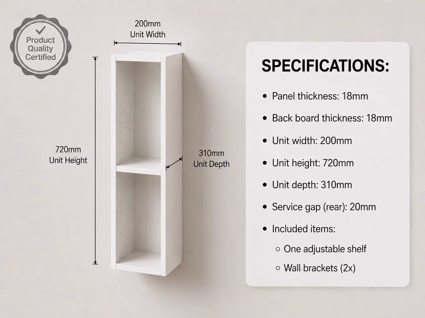 Cheap Furniture Warehouse White Kitchen Wall Unit Cabinet Carcass with Internal Shelves, W/D/H: 20.0 x 31.8 x 72.0 cm