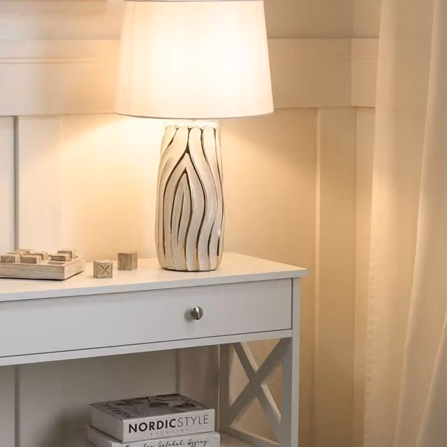 Wyld and Coco White Ceramic Table Lamp with Gold/Brass Details and Fabric Shade