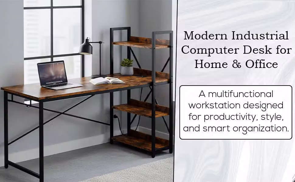 Hygrad Industrial 4 Tier Wooden Computer Desk with UK Sockets and USB Ports, Brown, W: 121.0 cm, D: 60.0 cm, H: 18.0 cm – 6