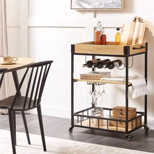 Wyld and Coco Industrial Kitchen Trolley with Wine Rack, Brown Wood Top and Black Metal Frame
