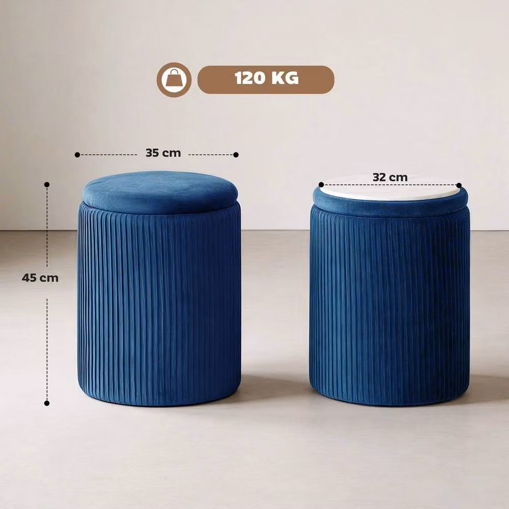 EONLION Round Blue Velvet Striped Storage Ottoman, Diameter: 100 cm – 2