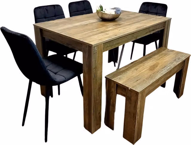 Kosy Koala Rustic Brown Dining Table Set with 4 Black Velvet Chairs and Bench