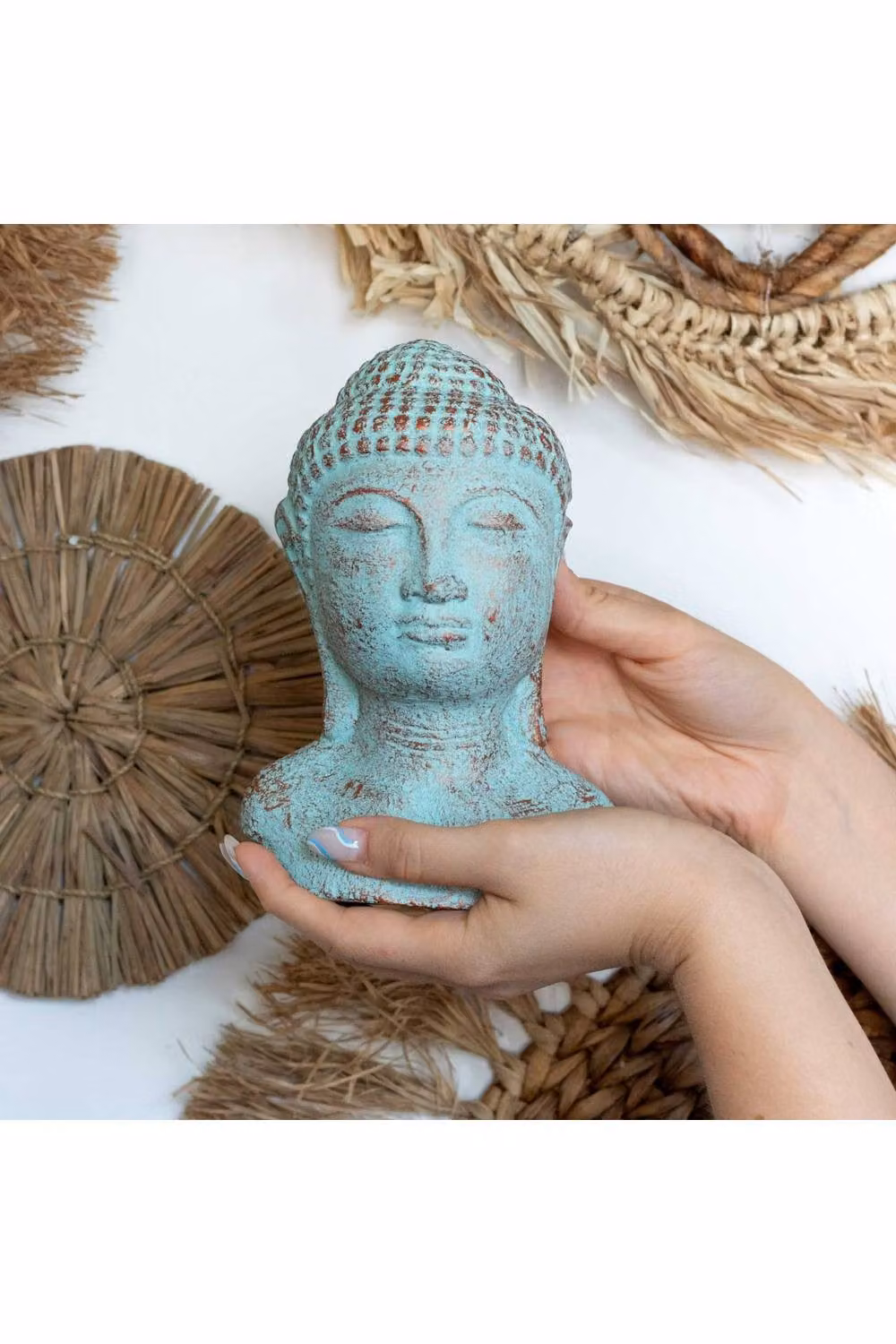 KDMD Green Copper Tranquility Buddha Head Statue, Antique Style Tabletop Ornament – 2