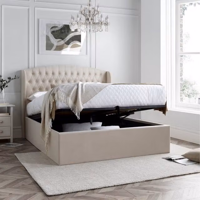 Warwick Natural Velvet Upholstered Ottoman Bed with Lift Up Base, W: 140 cm, D: 200 cm