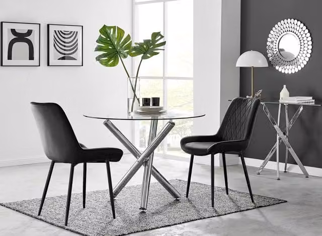 FurnitureboxUK Selina Round Glass Dining Table with Chrome Leg and 2 Pesaro Black Leg Chairs – 1