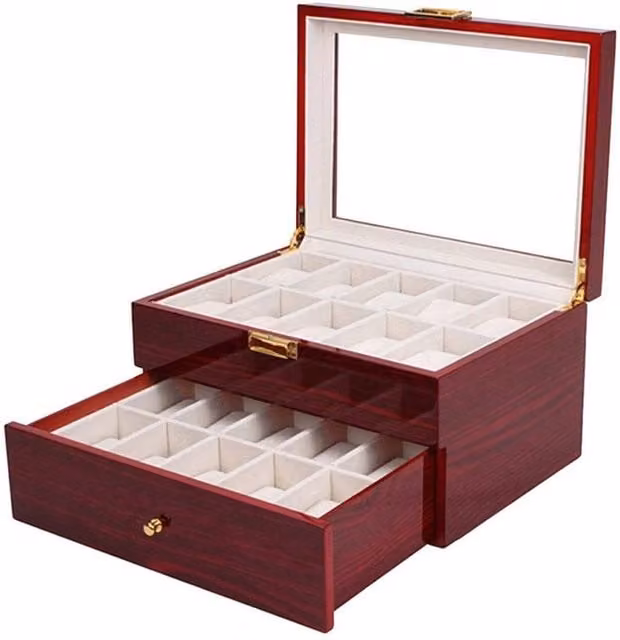 Outsunny Red Wood Watch Display Box with Glass Lid – 1