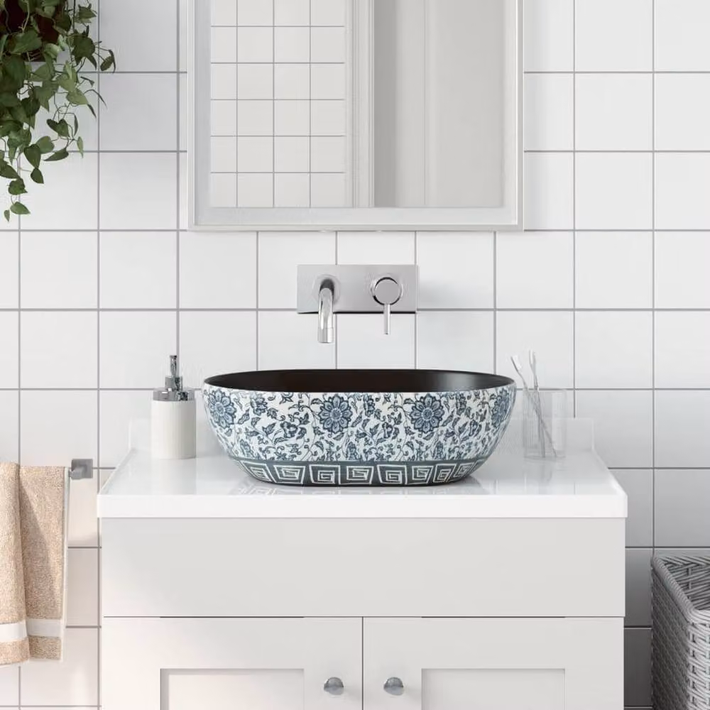 Berkfield Home Oval Ceramic Countertop Basin in Black and Blue, W: 47 cm, D: 33 cm, H: 13 cm – 2