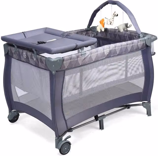 Costway 3 in 1 Foldable Travel Cot, Baby Crib and Playard with Bassinet in Grey – 1