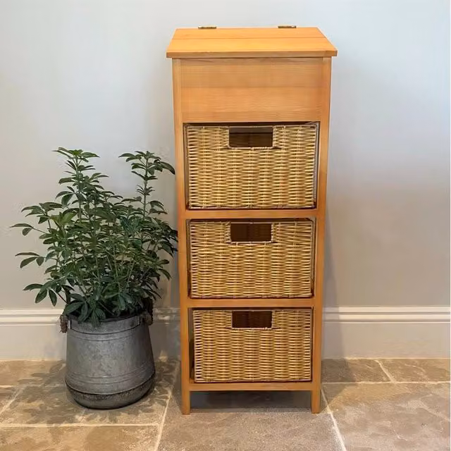 VOGREX Wooden Potato and Vegetable Storage Rack with Wicker Style Baskets in Brown, W/D/H: 32 x 32 x 90 cm