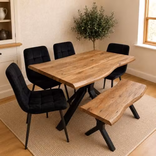 Kosy Koala 6 Seater Dining Set with X-Frame Live Edge Style Rectangular Table, 4 Black Velvet Chairs and Bench, Rustic Brown and Black