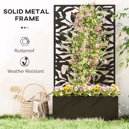 Outsunny Metal Garden Raised Bed with Trellis and Privacy Panel in Black – 5