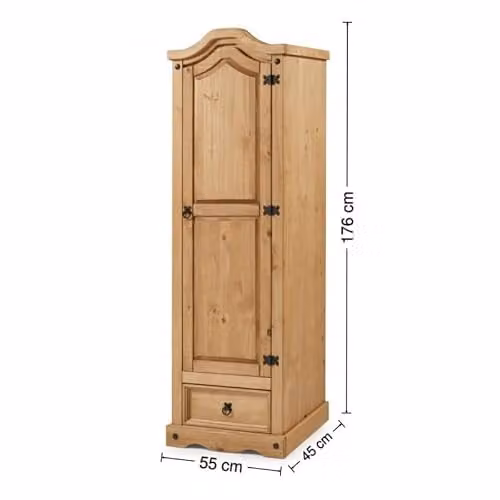 Mercers Furniture Corona Arch Top Single Wardrobe in Brown Solid Pine with Antique Wax Finish, H 176 cm x W 55 cm x D 45 cm – 2