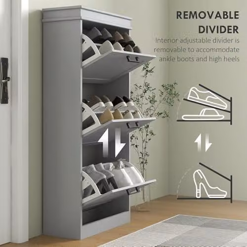 HOMCOM Slim Shoe Storage Cabinet with 3 Tilting Compartments and Internal Shelves, Grey – 4