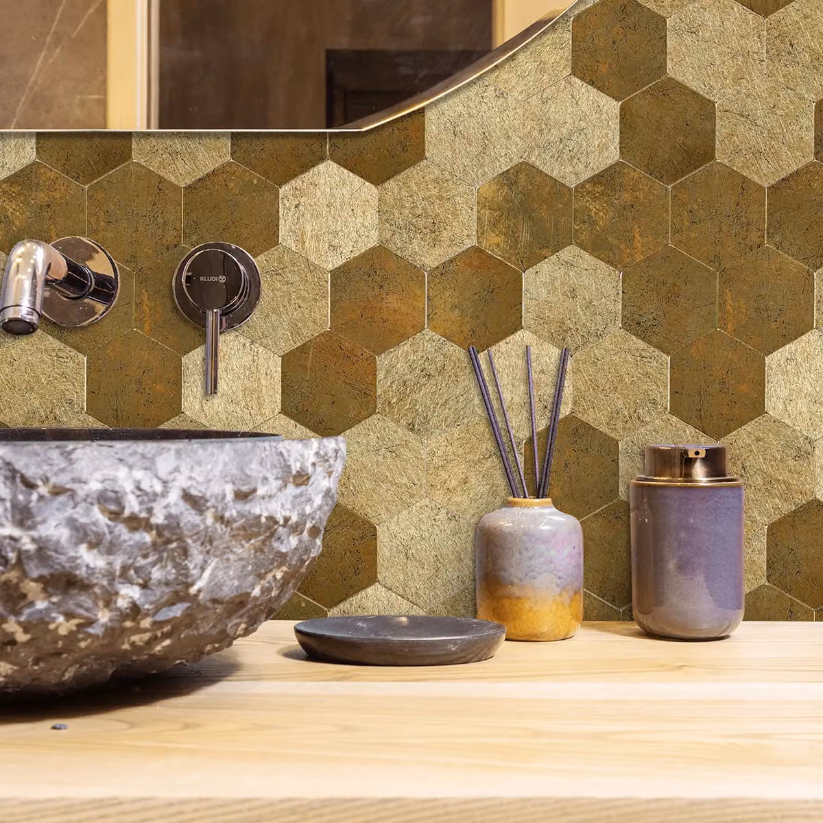 ENER-J Luxe Gold HexaStyle Aluminum Peel & Stick Wall Tiles, Pack of 4, W: 290 mm, D: 288 mm, H: 4 mm – 6