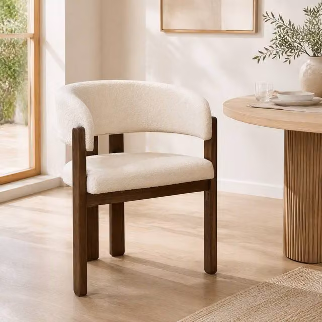 STILVORA Set of 4 Beige Boucle Upholstered Dining Chairs with Armrests and Wood Legs