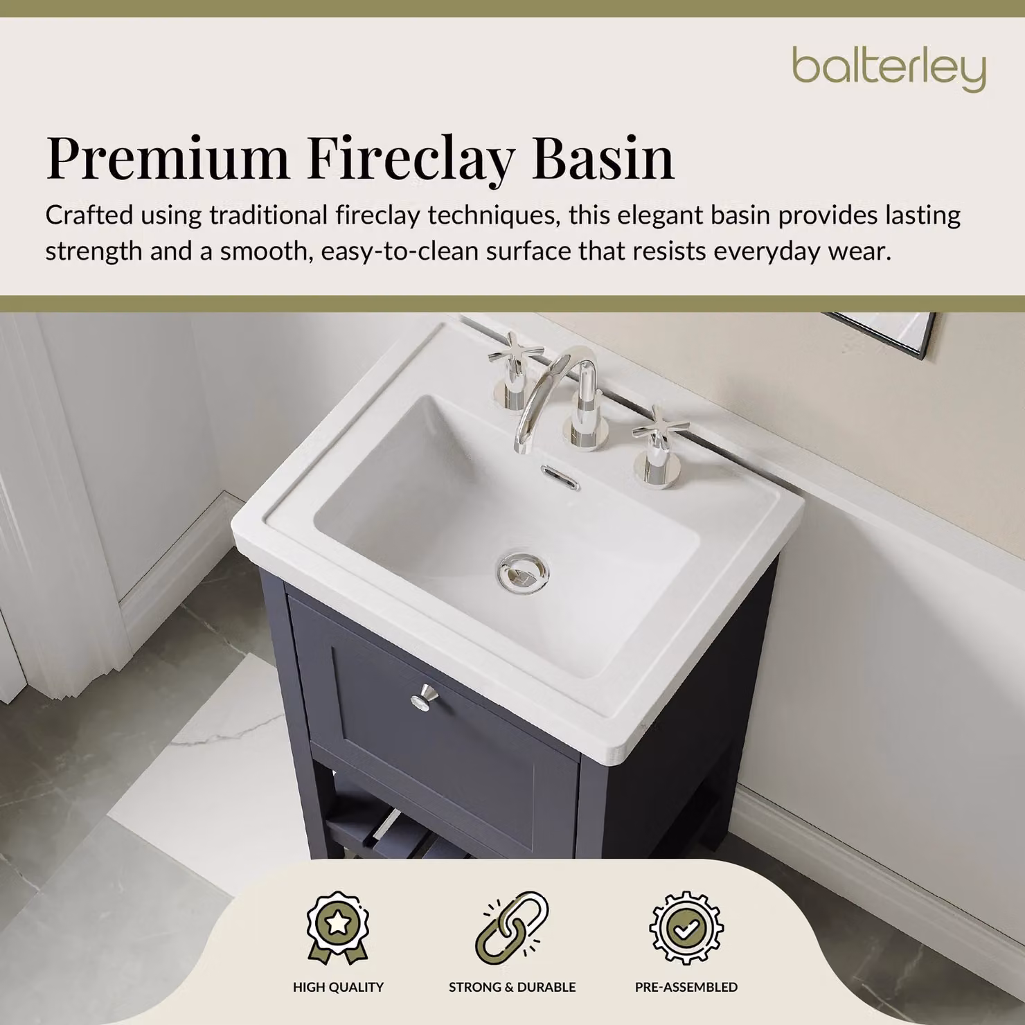 Balterley Blue 1 Drawer Bathroom Floor Vanity with 3 Tap Hole Fireclay Basin W: 53.1 cm – 3