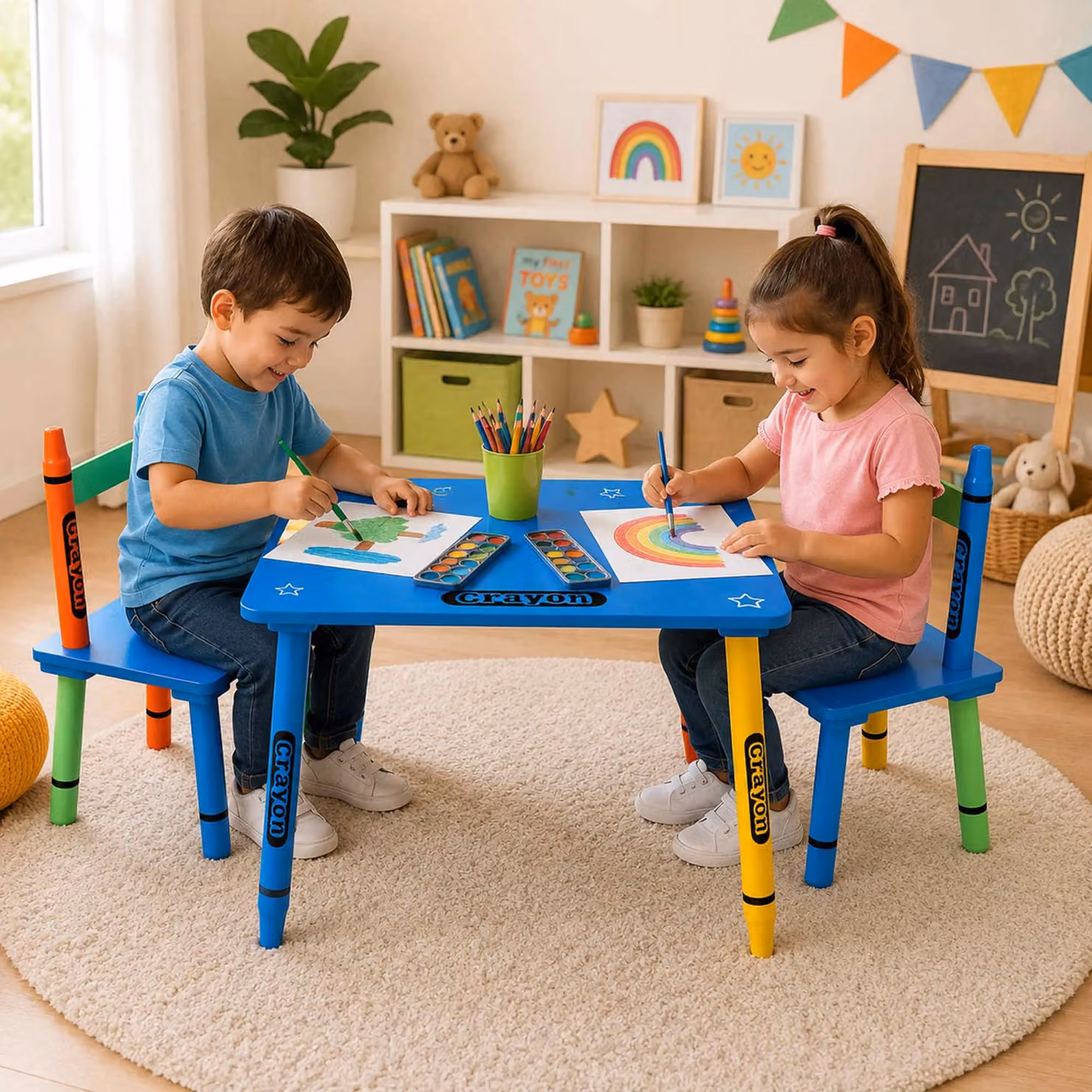 Oypla Childrens Multicolour Wooden Crayon Table and Chairs Set – 2