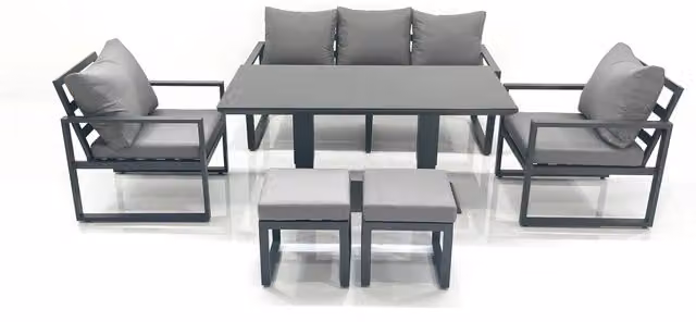 Fimous Outdoor Aluminium Garden Furniture Set in Dark Grey with Adjustable Rising Dining Table, 3-Seater Sofa, 2 Chairs and 2 Footstools