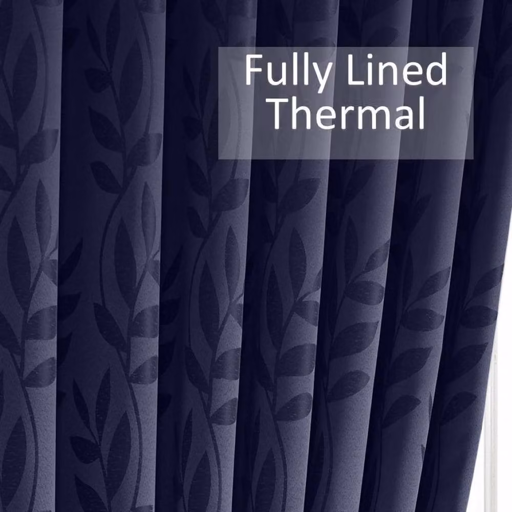 Luxury Living Navy Blue Jacquard Leaf Ring Top Curtains, Width: 229 cm, Drop: 274 cm – 2