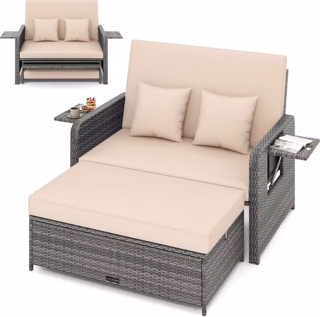 COSTWAY Brown and Beige Polyrattan Outdoor Adjustable Daybed with Side Tray and Adjustable Headrest