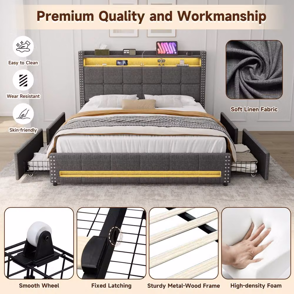 BTM Grey Fabric Double Bed with 4 Drawers and LED Charging Headboard, W/D/H: 140 x 200 x 115 cm – 2