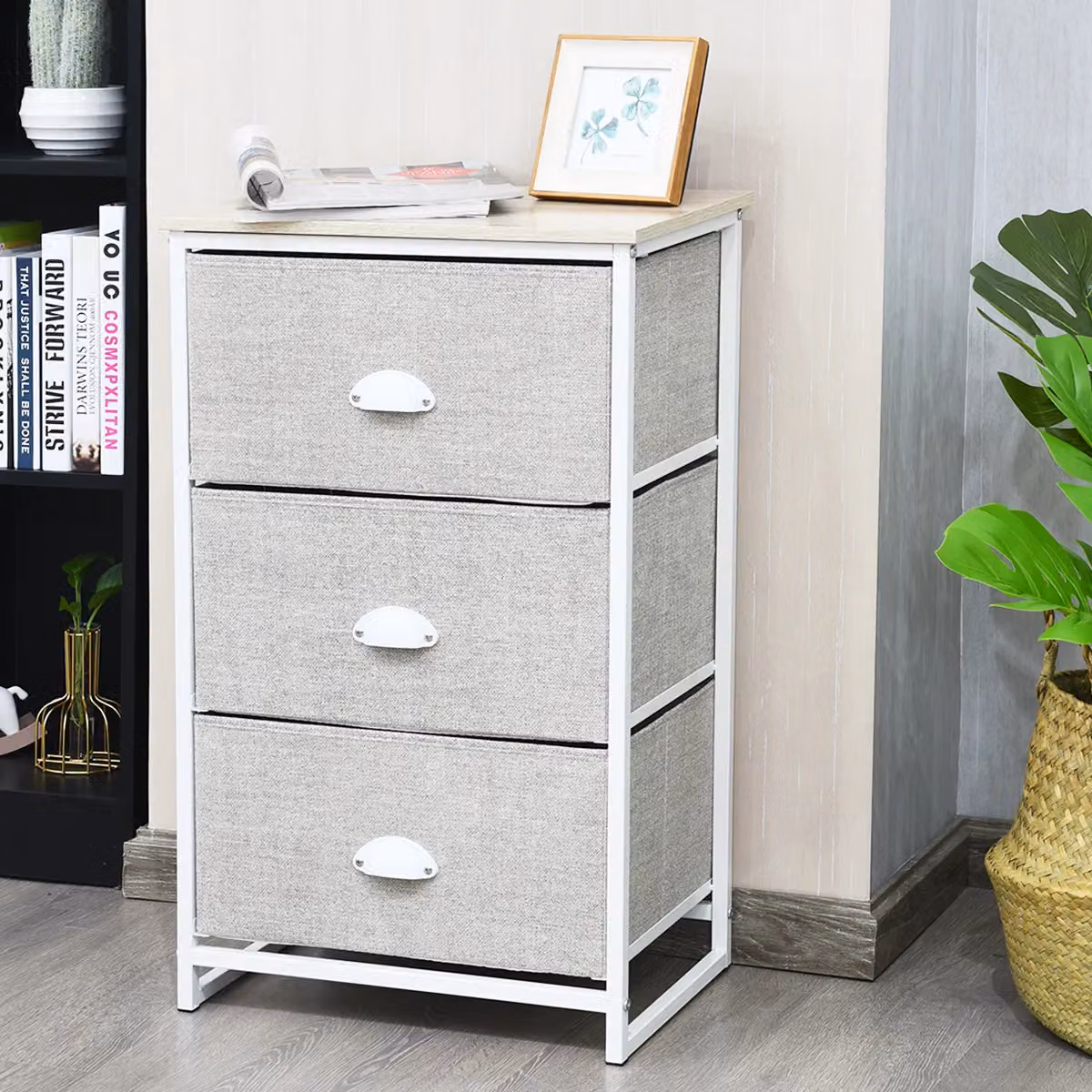 Costway 3-Drawer Fabric Dresser with Metal Frame, Grey Multicolour Chest of Drawers and Nightstand – 2