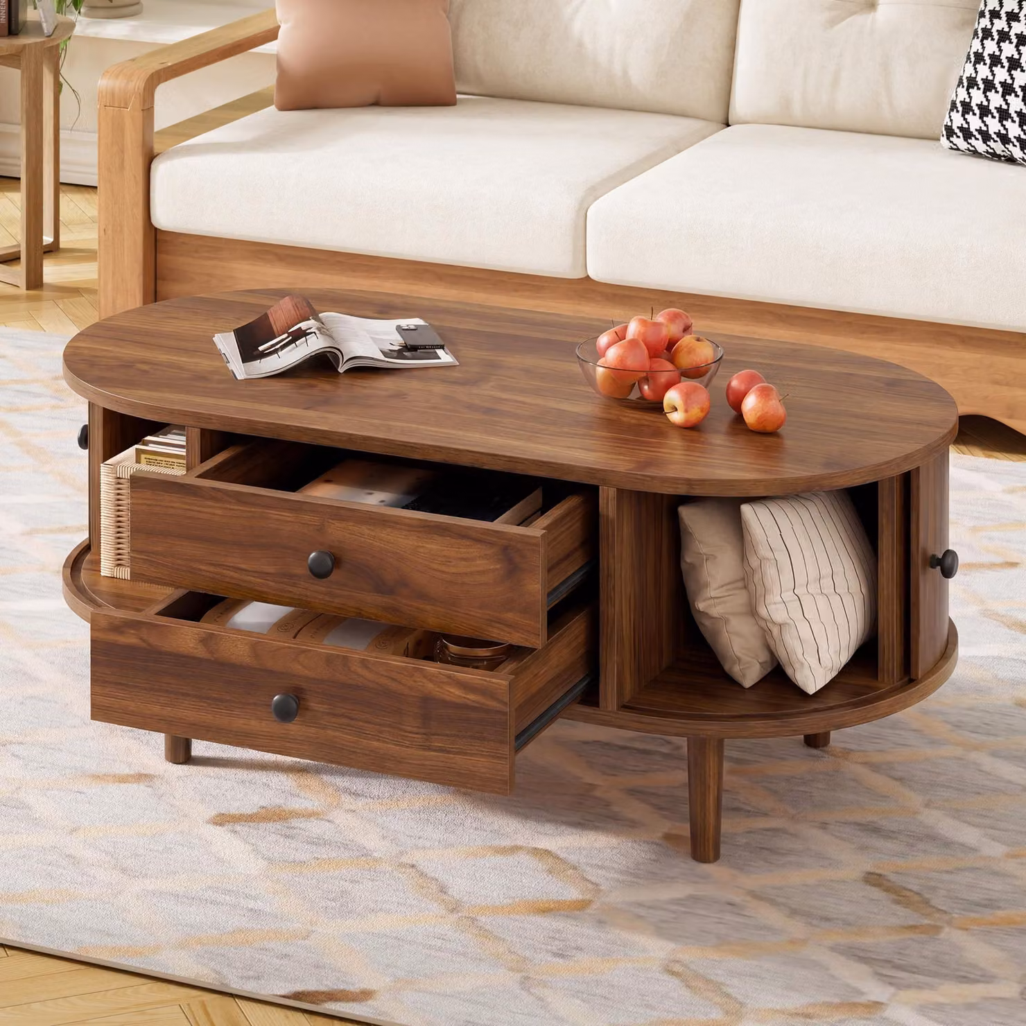 Aosom UK Oval Coffee Table with Sliding Doors and 2 Drawers in Walnut Brown, W: 100 cm, D: 50 cm, H: 40 cm – 5