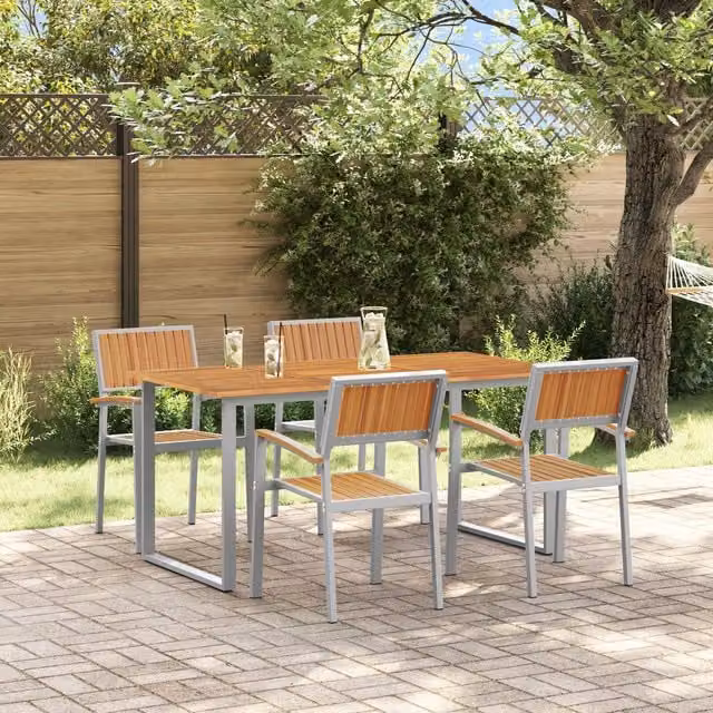 Berkfield Home Garden 5-Piece Modern Dining Set in Grey and Wood Tone with Powder Coated Steel and Wood Construction