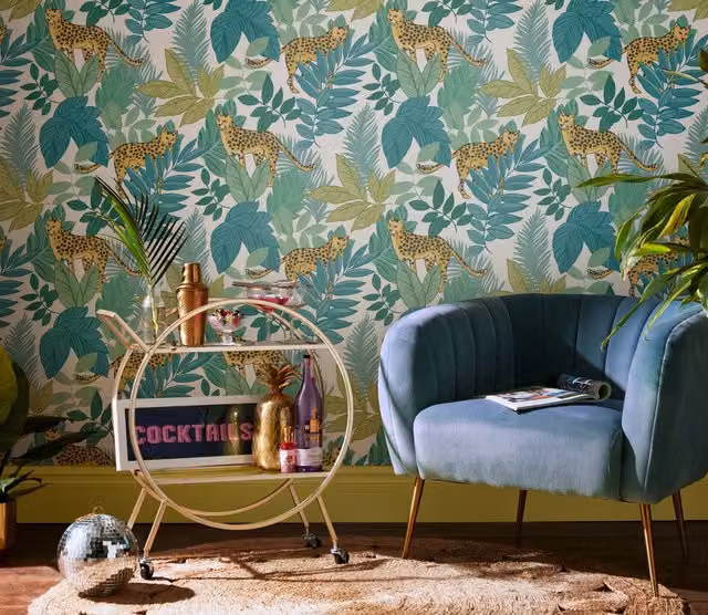 Envy Cheetin Night in Green Animal Print Wallpaper, Petrol and Green, W: 1000 cm, H: 52 cm