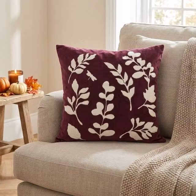 Garden Greatness Autumn Leaves Applique Decorative Square Cushion in Burgundy, Red and Purple, W/D/H: 45 x 45 x 1 cm